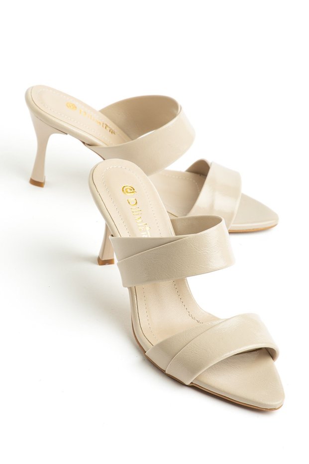 Women's Stiletto Heel U t Slipper Beige Two-Striped Shiny Skin