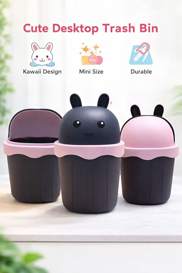 Cute Bunny Themed Mini Trash Can With Flip Lid|For Office Desk, Study Table and Bedroom 1.5L