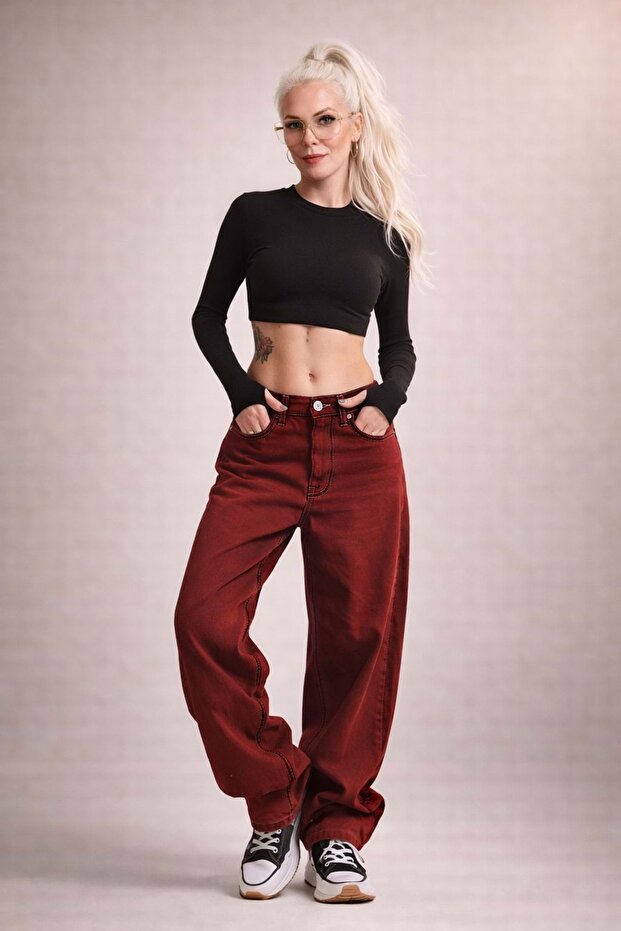 Burgundy Color Skater Fit 100% Cotton Washed Denim Pants - Bordo - 42
