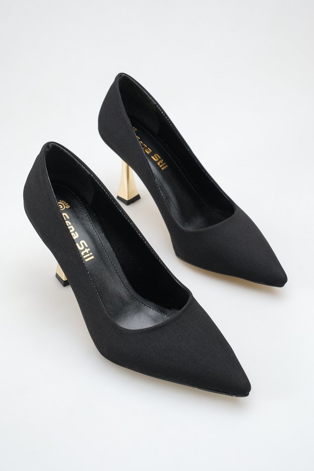 Pointed Toe Thin Gold Heel Detailed Stylish Women's Stiletto Shoes
