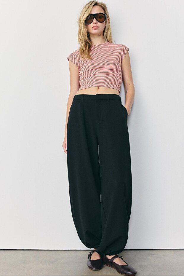 Çizgili mini kollu basic t-shirt - 3