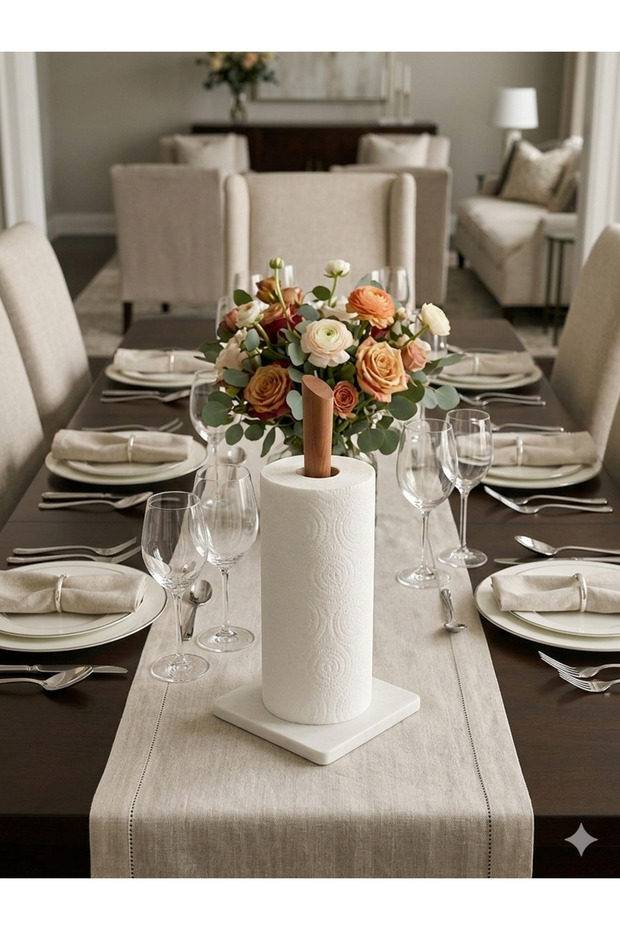 Wooden Paper Towel Holder with Natural Marble Base - Modern Kitchen and Tabletop Accessory