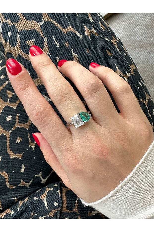 خاتم فضي اللون باللون الفيروزي عدد مرصّع بالأحجار - 4