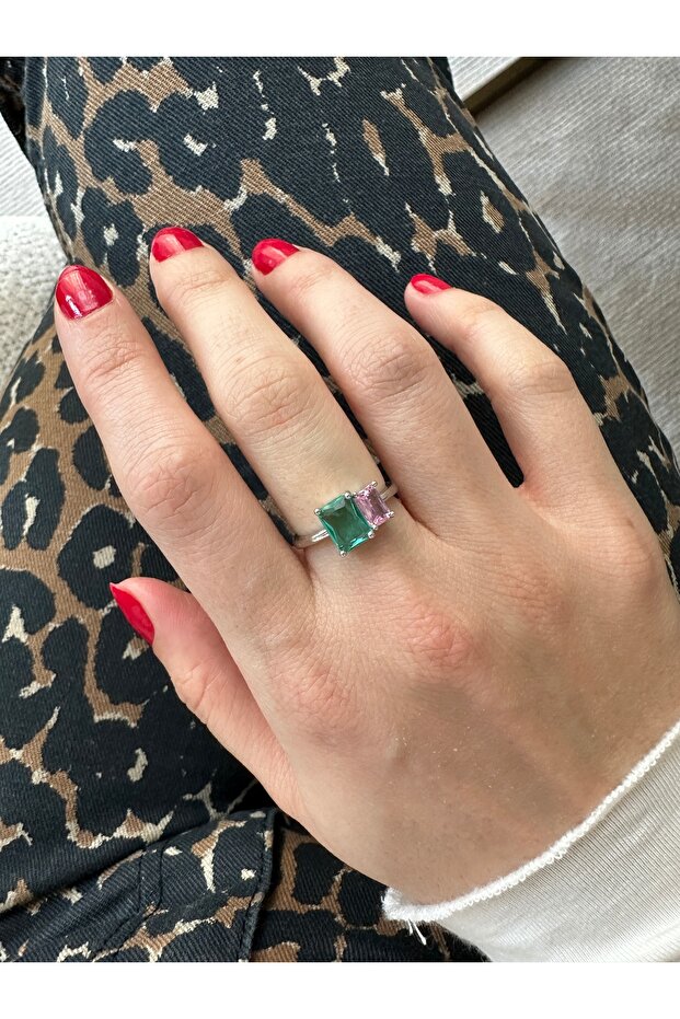 خاتم مستطيل مزدوج باللون الفيروزي الفضي - 2