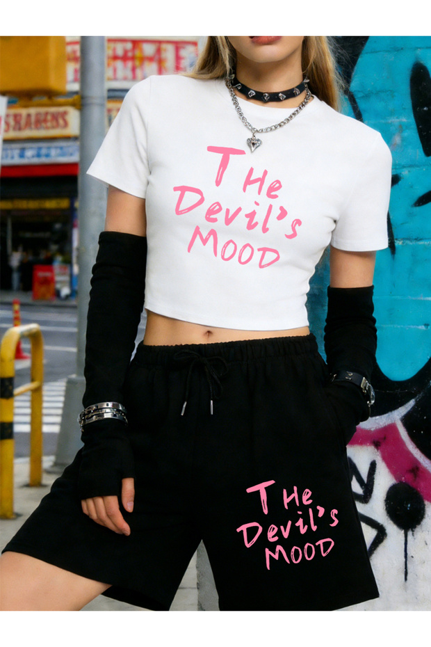 Summer Devil's Moon Lettered Printed Babby Teelar Shorts Women's Two-Piece Set Five C Pocketed Pants