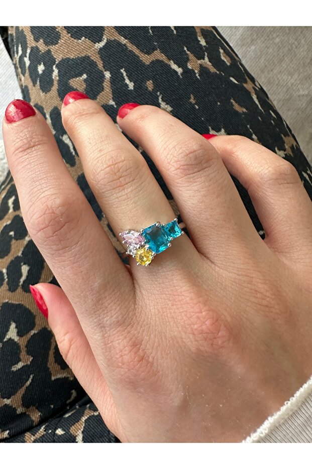 خواتم فضية اللون زرقاء متعددة مرصّع بالأحجار - 2