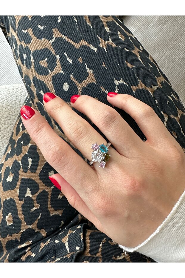 خاتم فضي اللون متعدد الأزهار مرصّع بالأحجار - 2