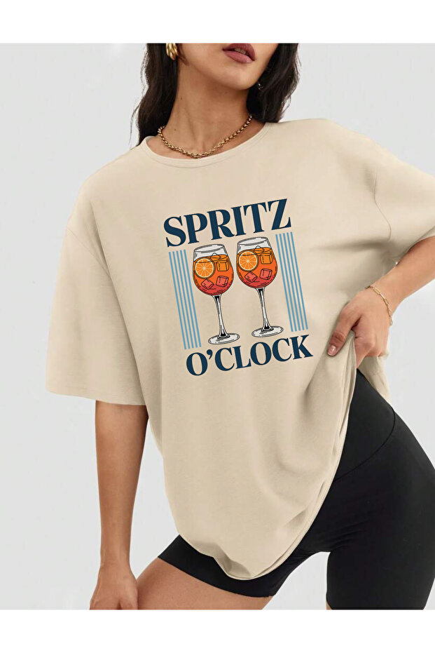 تيشيرت SPRITZ O'CLOCK مطبوع من القطن الممشط برقبة دائرية وأكمام قصيرة مقاس كبير، عبوة من قطن قطع