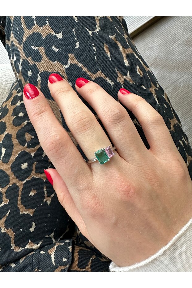 خاتم مستطيل مزدوج باللون الفيروزي الفضي - 1