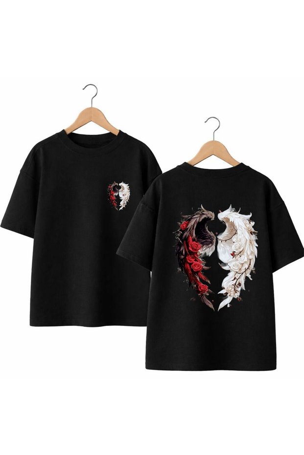 Rose Shaped Kanaat Back and Chest Printed %100 Cotton Oversized Loose Regular Fit Crew Neck T-Shirt