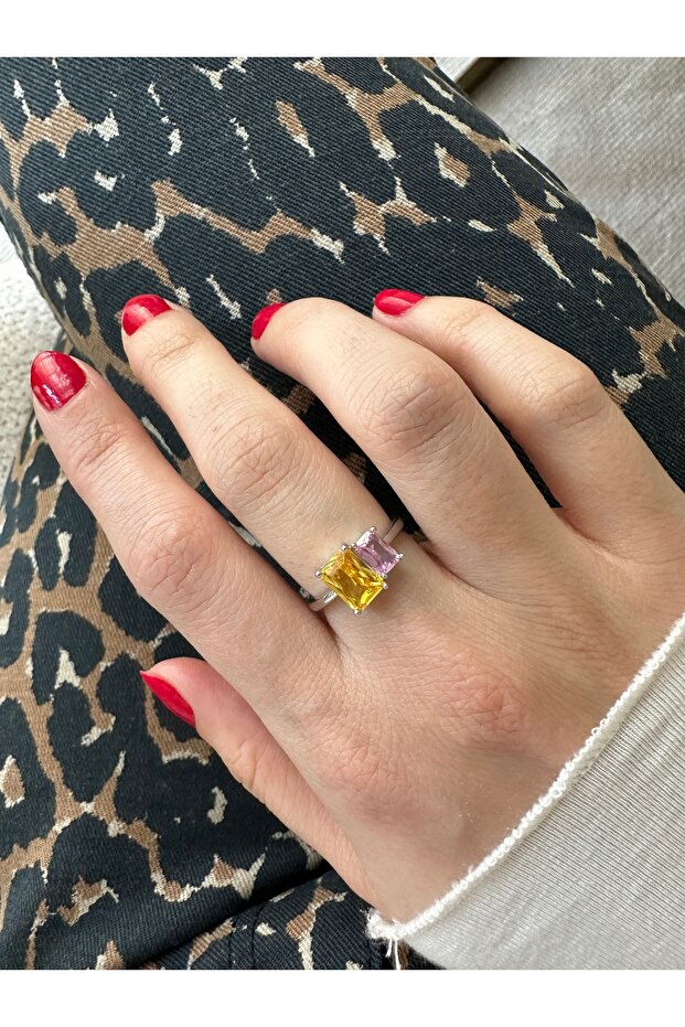 Silver Color Yellow Double Rectangular Ring - 1