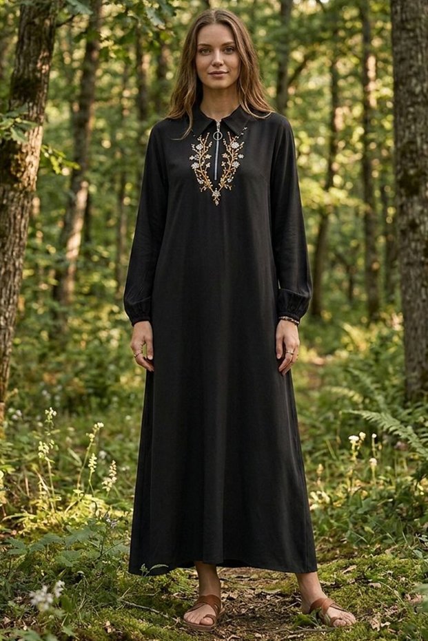 Women's Black Zipper Closure Long Sleeve Long Dress with Shirt Collar Embroidery Detail