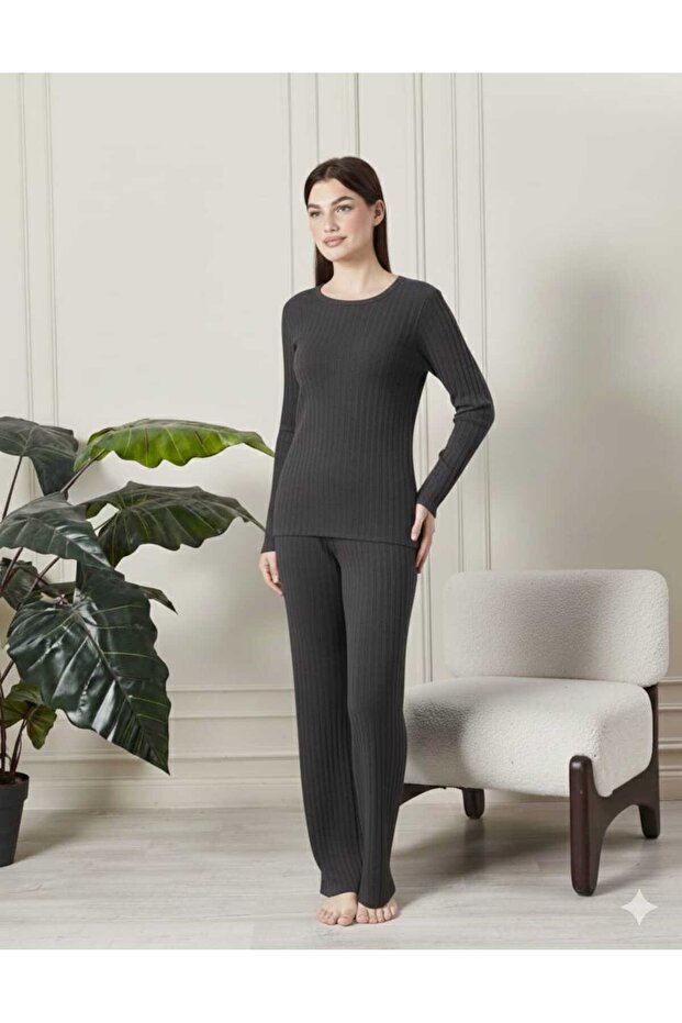 Women's 100% Cotton Lu Corded Fabric Pajama Set - Long Sleeve Ribbed Soft-Textured Loungewear