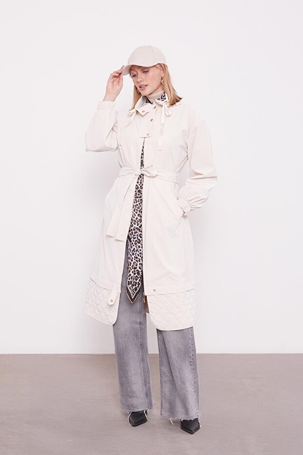 Beige Ribbon Collar Detail Trench Coat