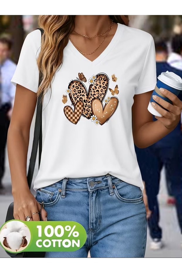 Printed T-Shirt. Short Sleeve V Neck Summer & Spring Casual Top, Women's Clothing