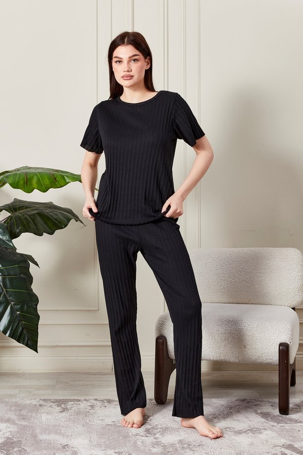 Women's 100% Cotton Lu Corded Fabric Pajama Set - Short Sleeve Ribbed Soft-Textured Loungewear
