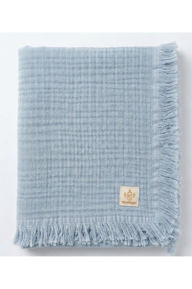 100% Cotton Baby Blue 4 Layer Muslin Tasseled Blanket 115X95Cm Oeko-Tex Certified