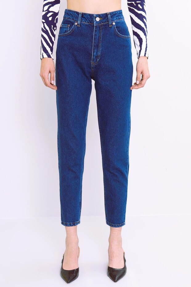 Bees Dark Blue High Waist Boyfriend Jeans Stretch Fabric Stretchy Denim Pants