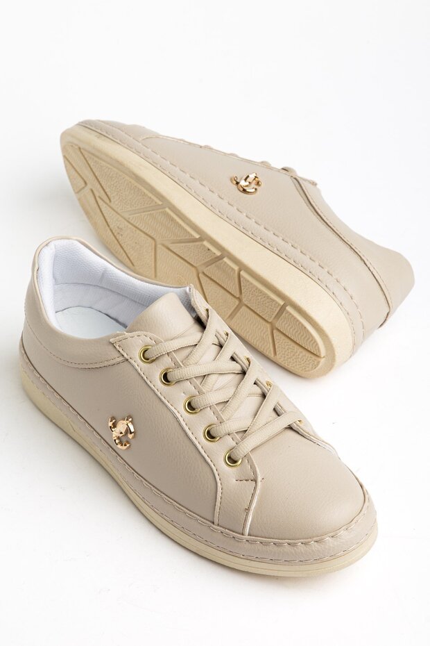 Beige Women's Sneakers with Sole Covering and Laces