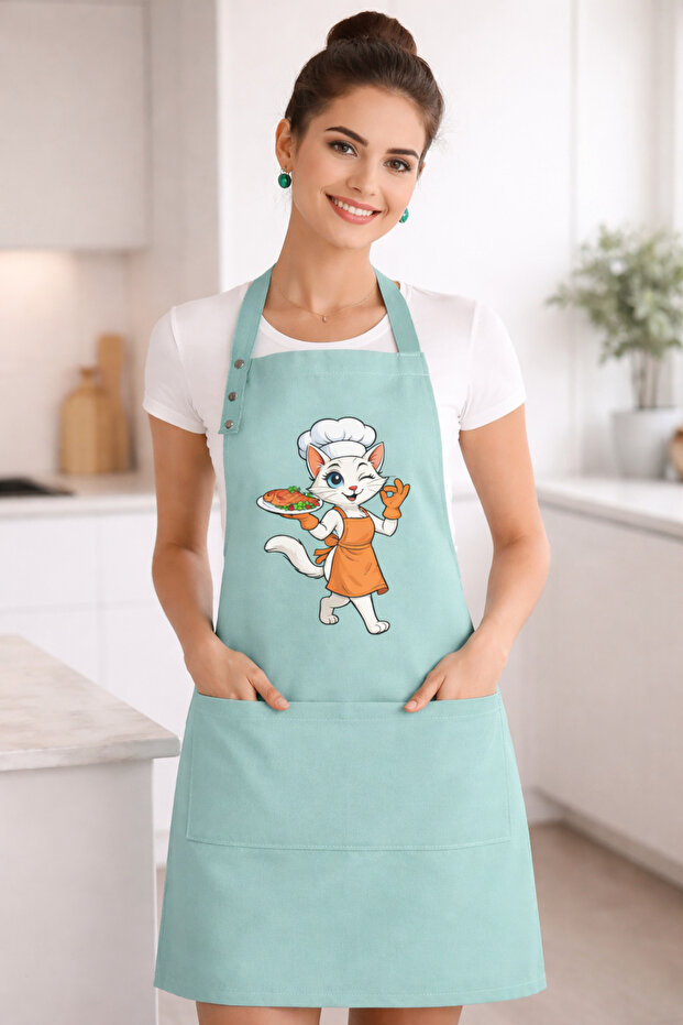 Cat Themed Kitchen Apron Stain-Resistant and Water-Repellent Fabric Adjustable Neck Strap Single Mamamiyav Mint Apron