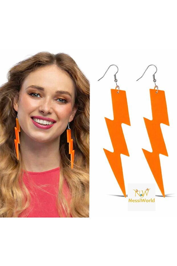 80S 90S & # 39;Lar Retro Neon Orange Lightning Earrings 10 cm
