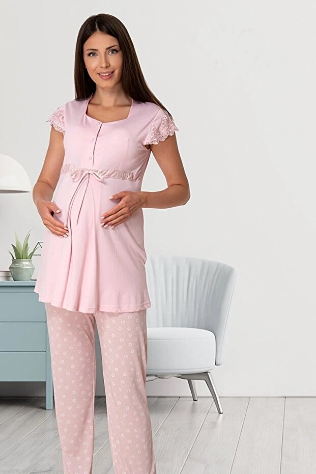 Dvina Maternity Short Sleeve Pajama Set with Bow - Pink