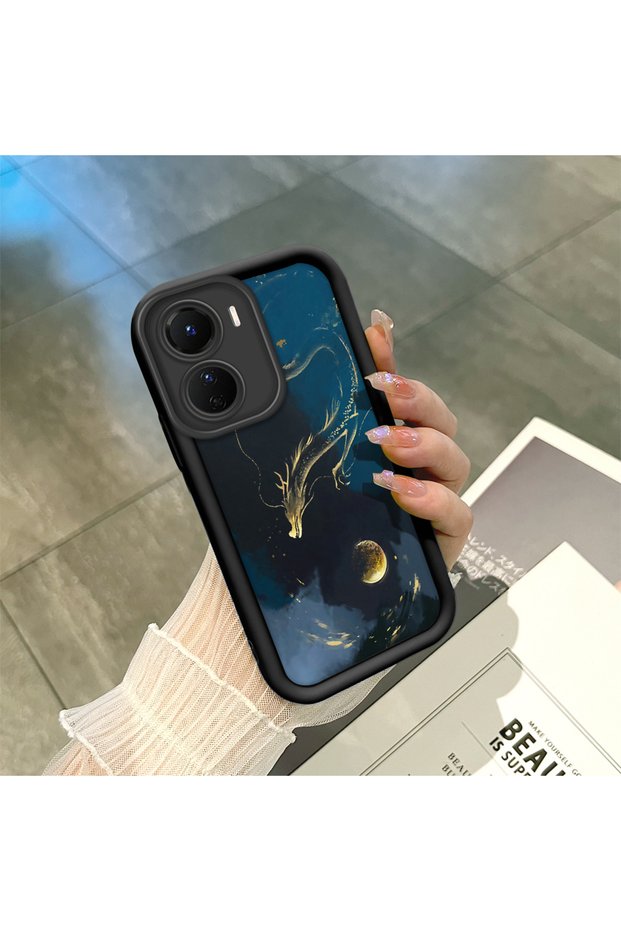 Vivo Y16 Compatible Black Silicone Case Shockproof Dragon Pattern with Camera Protection