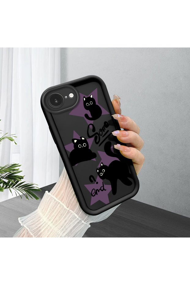 حافظة سيليكون سوداء متوافقة مع هاتف iPhone 16E، مقاومة للصدمات مع حماية للكاميرا، تصميم كرتوني منقوش