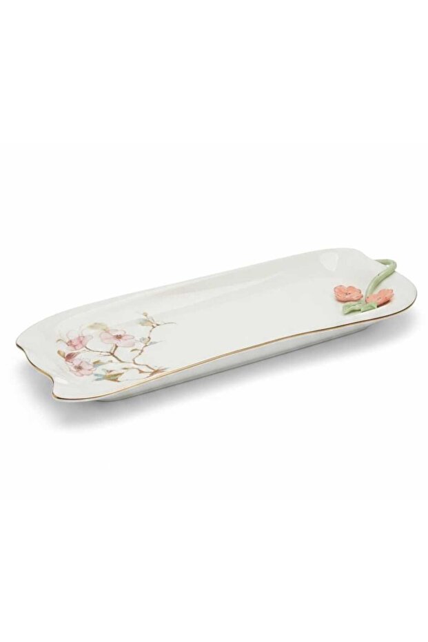 Floral Classic Rectangular Ceramic Serving Tray – White (40×15 cm)