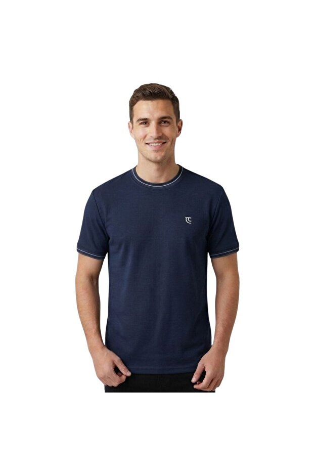 O-Neck Collar and Sleeve Paneled Men's T-Shirt Modal Navy Blue