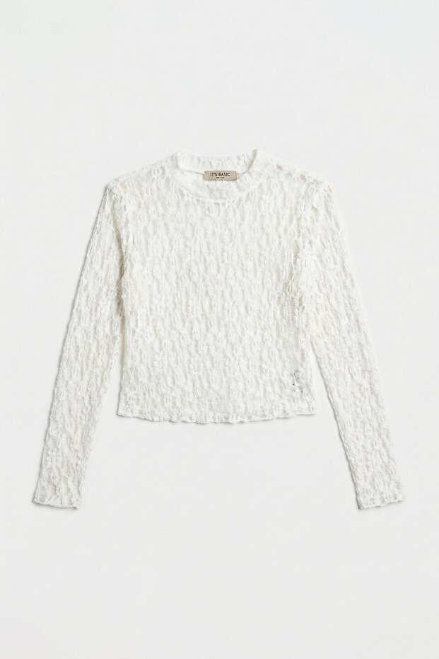 Kadın Ekru Transparan Crop Bluz - 3