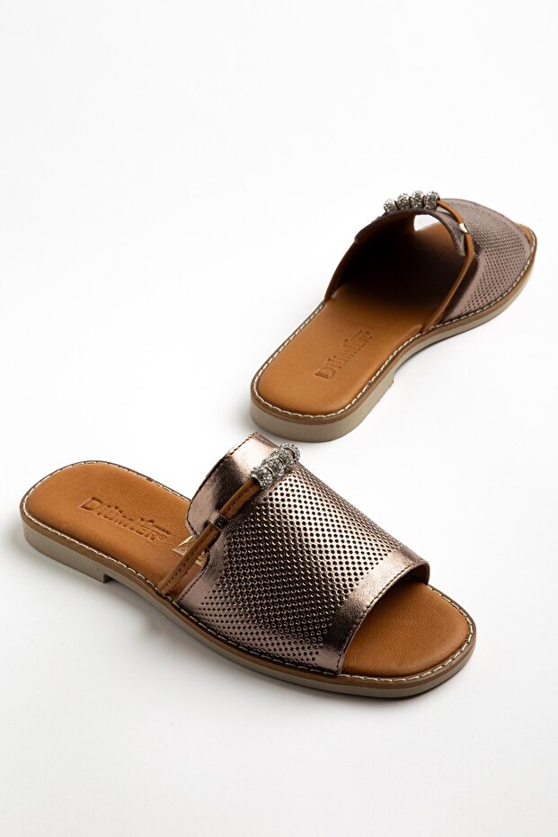 Genuine Leather Women's Flat Heels Slipper Copper Face Laser Printed