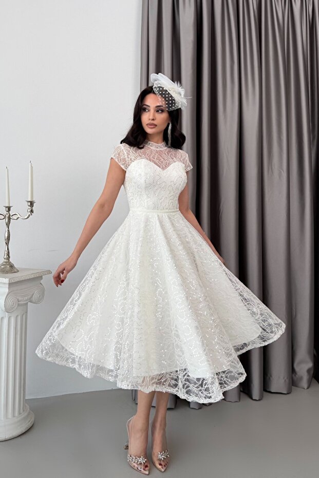 White Shoulder Detail Lace Embroidered Sequined Midi Evening Dress