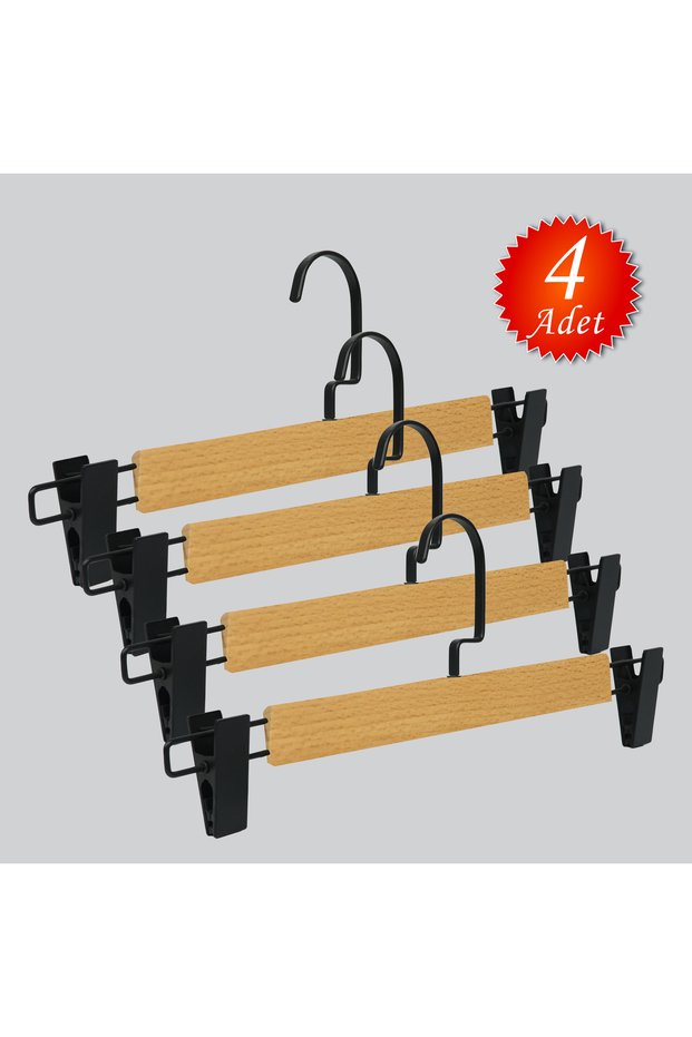 Wooden (Black Hook Lama) Pants and Skirt Hangers with Latches, Natural Color, 4 Pieces