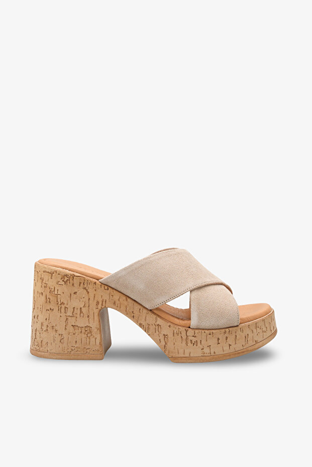 Frida Women's Genuine Leather Heels Slipper - Beige Suede