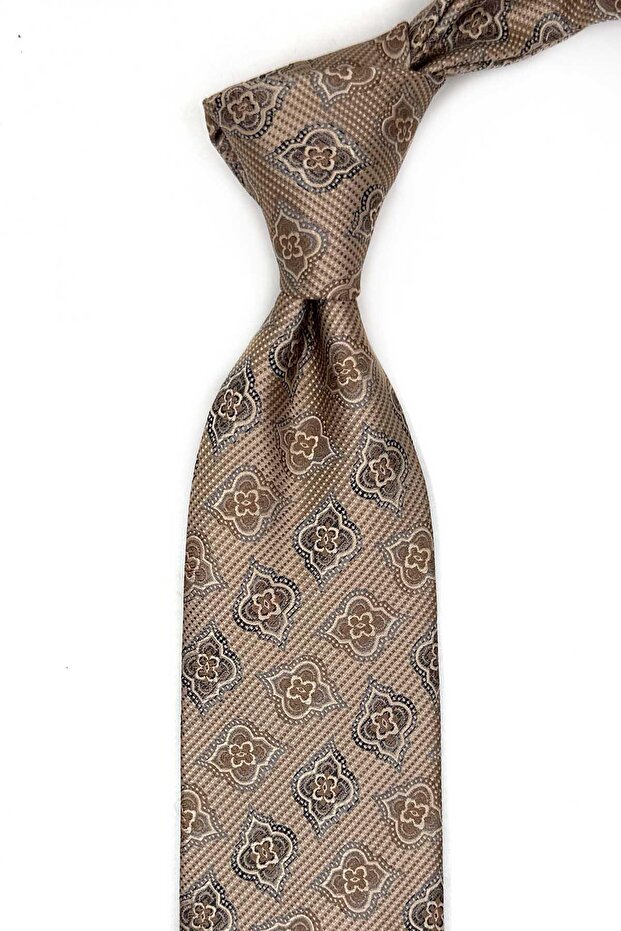 Beige Motif Pattern Classic Tie with Handkerchief Kk13615