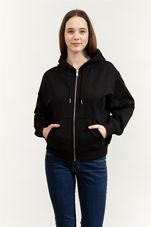 Women's Regular Fit Zip-Up Hooded Sweatshirt - Black