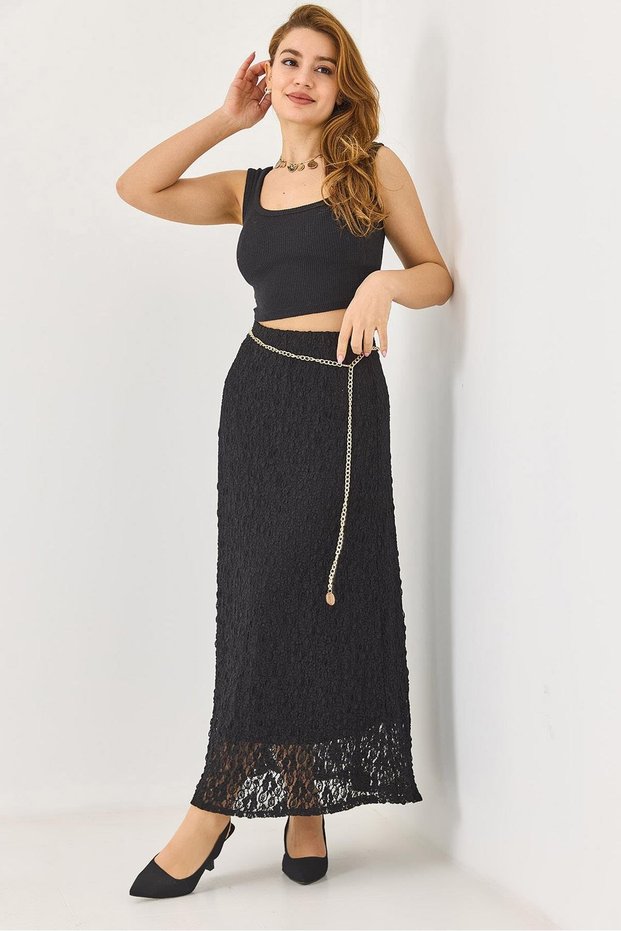 Brown A-Line Belt Pack Regular Waist Lace Knitted Skirt