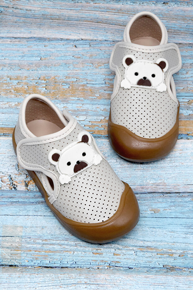 Girl's Beige Teddy Bear Detailed Comfortable Fit First Step Sneaker