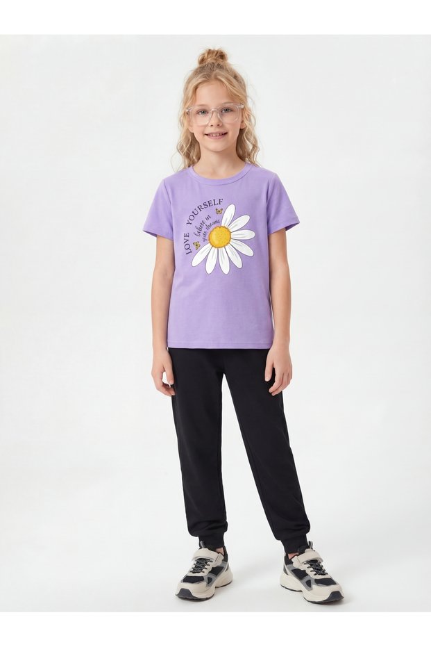 Round Neck T-Shirt and Long Sweatpants with Print Detail for Girls - Top and Bottom Set