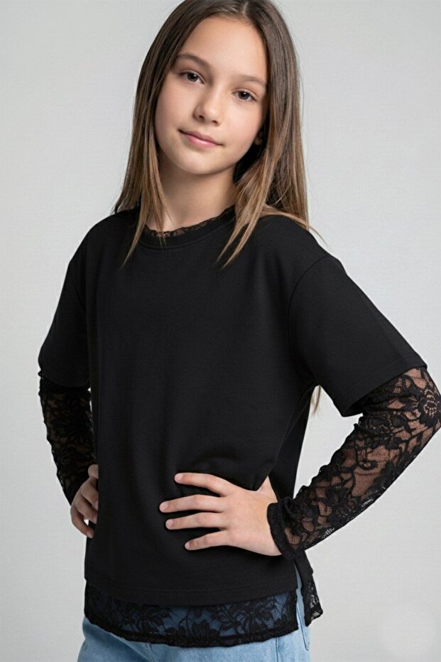 Boys & Girls Girls' Lace Sleeve Tshirt Black