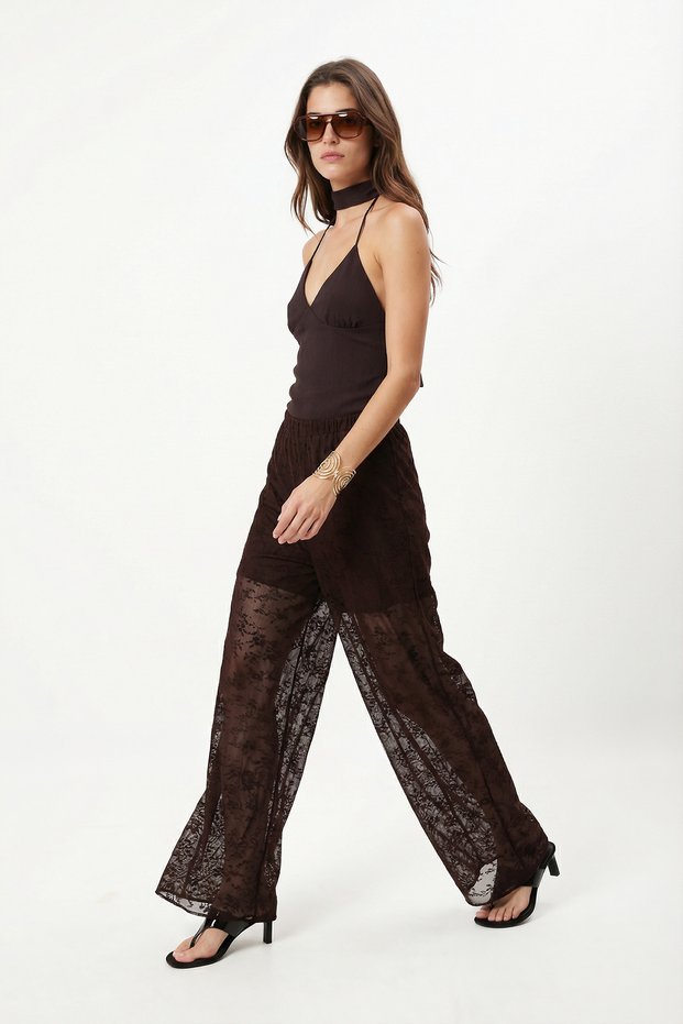 Women's Mandy Shorts a Lined Ç Floral Print Flock B Printed t Sheer Wide Leg Brown t Tulle Pantolo