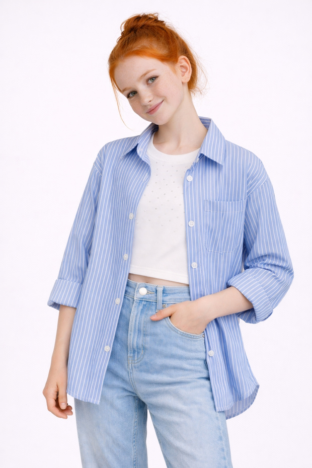 Girl's Striped Stone Cropped Badge Shirt Set Ak2606
