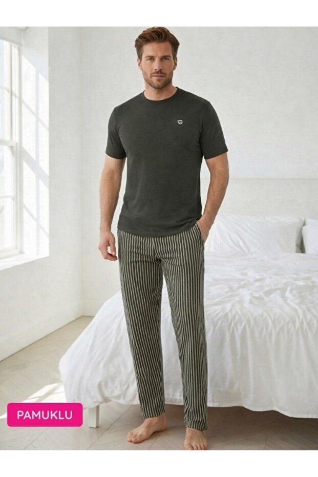 Men's Khaki Green Buttonless Crew Neck Striped Jacquard Cotton Lycra Short Sleeve Pocketed Pajama Set
