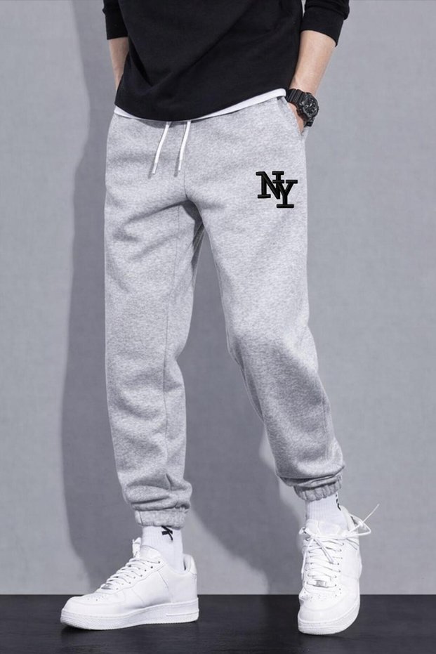 Men's Grey NY Jogger Pants Sweatpants with Elastic Hem Relaxed Fit Daily Sports Pants