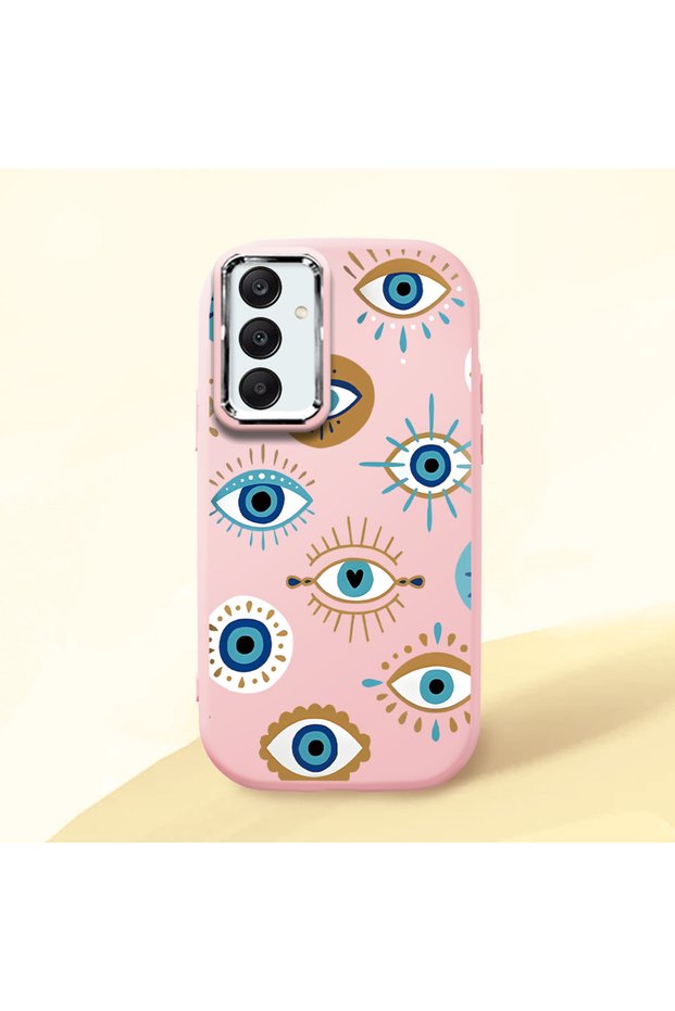 Samsung Galaxy A25 Compatible Shock-Absorbing Camera Protected Pink Silicone Case Evil Eye Charm