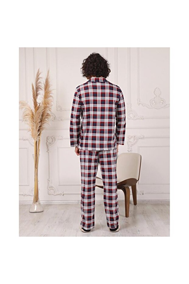Plaid Patterned Buttoned Shirt Collar Pajama Set - 3