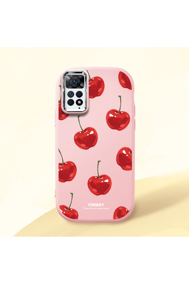 Redmi Note 11 Pro 4G/5G Compatible Shock-Absorbing Camera Protected Pink Silicone Case Cherry Patterned