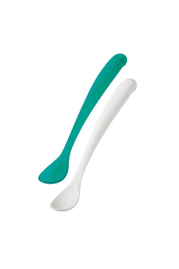 Ergonomic Feeding Spoon Set Green & White, 6 Months+ Double - Storage Container Gift