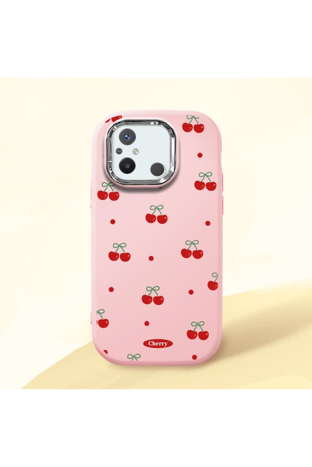 Redmi 12C Compatible Shock-Absorbing Camera Protected Pink Silicone Case Cherry Patterned